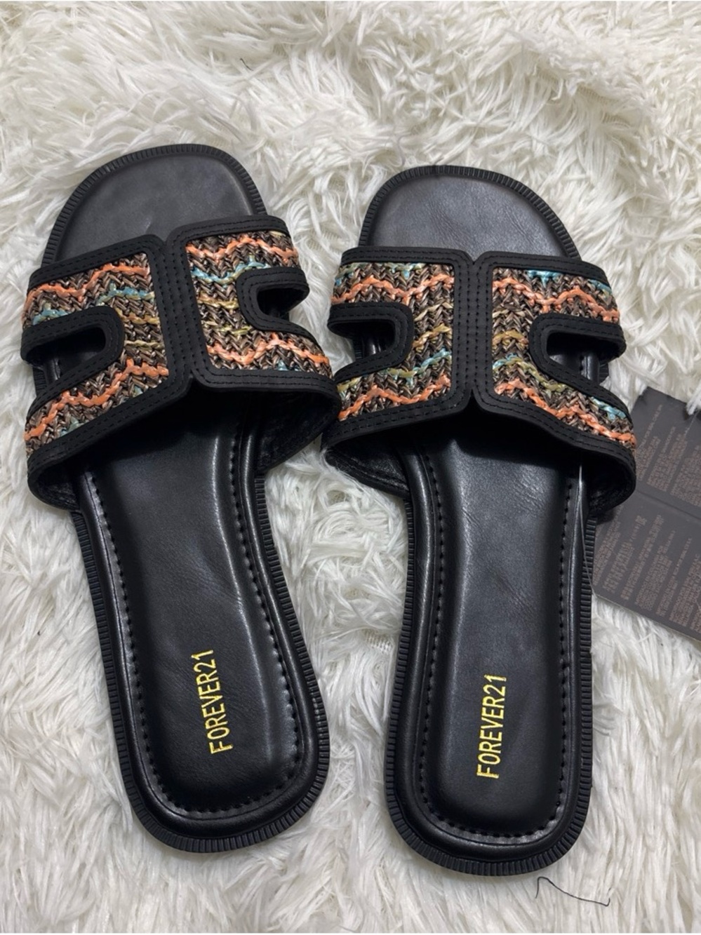 Forever 21 Black Slide Sandals with Multicolor Woven Straps